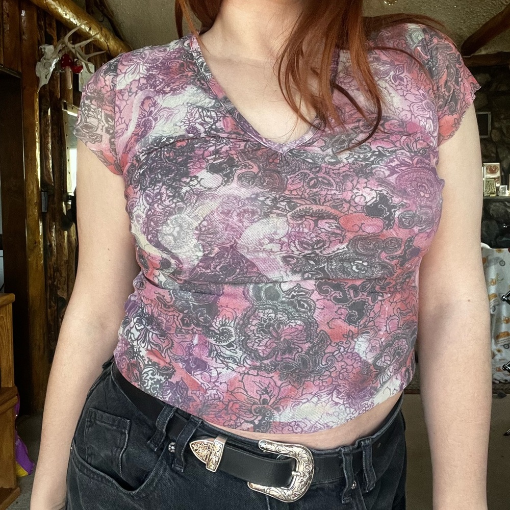 Lucy and Fiona Paisley Mesh V Neck Top y2k